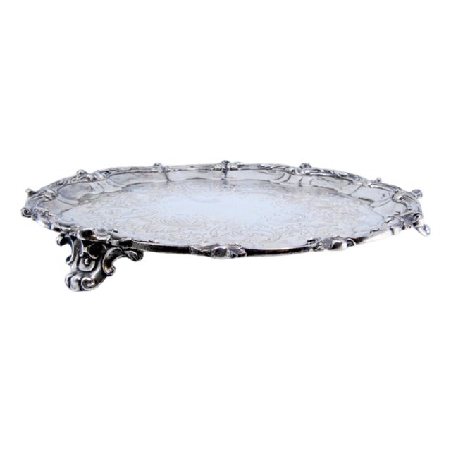 Round Silver Tray with Engraved Floral Motifs, Relief Friezes with Shells and Feet For Sale