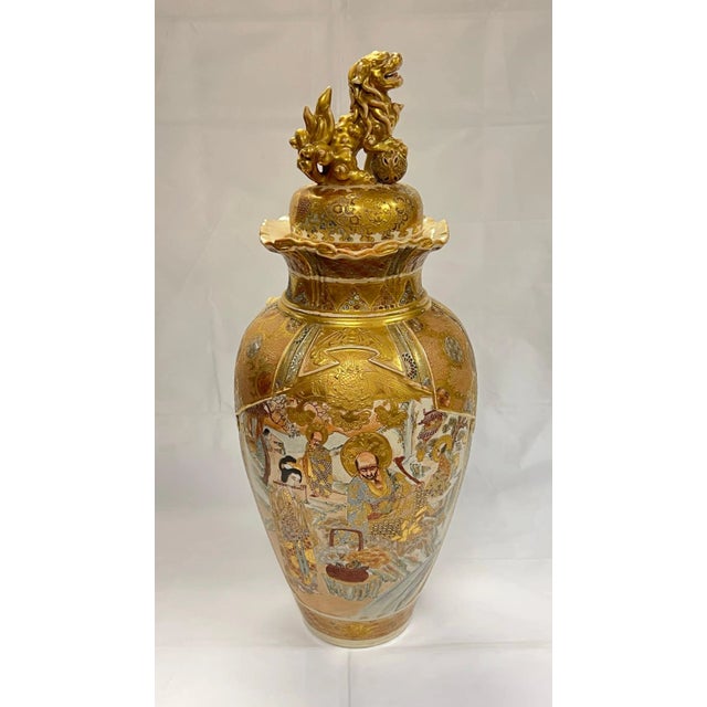 Exceptional and large Satsuma vase with cover with foo dog finial, finely enameled and gilt. Drilled apparently for use...