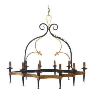 Unusual Large Gilt and Black Iron Chandelier With Ten Arms For Sale