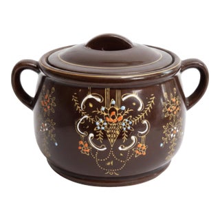 Vintage Hand-Decorated Brown Glazed Lidded Pot With Floral Slip Decoration For Sale