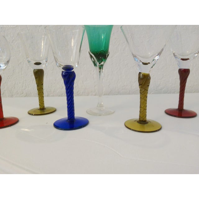 Elegant set of six curated vintage blown glass cordial/aperitif glasses with multicolor long stems and various shaped...