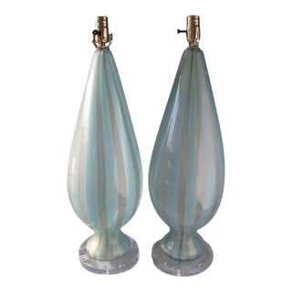 1950s Alfredo Barbini Turquoise Stripe Murano Glass Lamps - a Pair For Sale