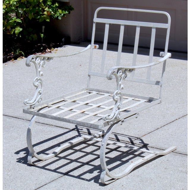 Vintage 1950s Cast Aluminum Patio Set | 5-Piece Outdoor Seating | Rocker Chairs + Bench + Glass Top Table | Hollywood Regency Garden Furniture For Sale - Image 11 of 18