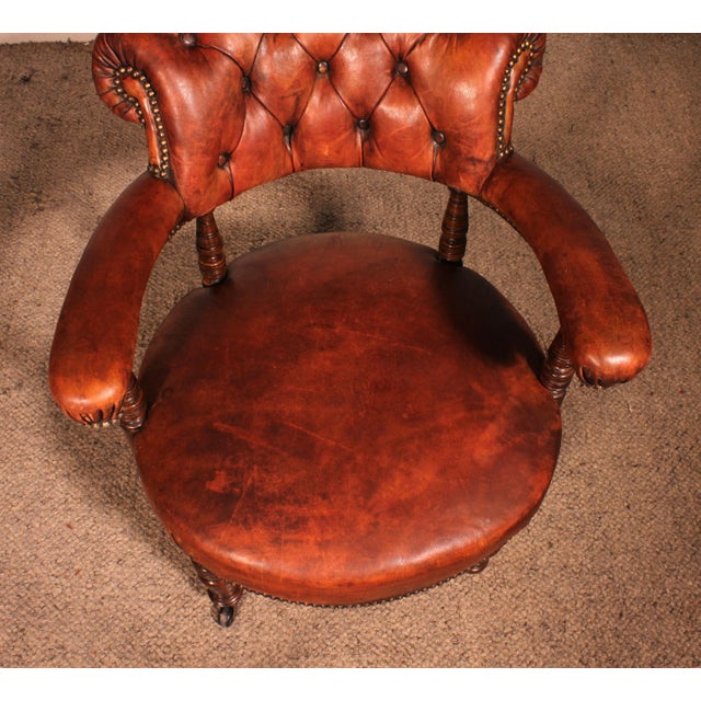 Small Vintage Armchair in English Cognac Mahogany and Leather, 1800s For Sale - Image 7 of 15