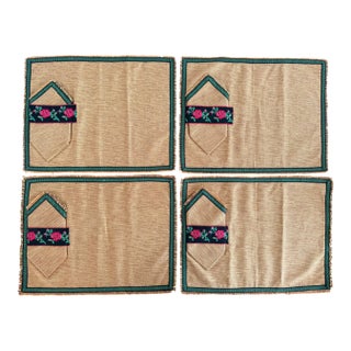 Vintage Gold Woven Placemats and Napkins With Embroidered Rose Bands, 4 Sets For Sale