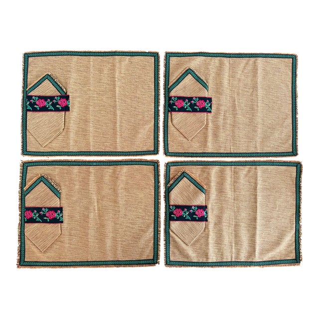 Vintage Gold Woven Placemats and Napkins With Embroidered Rose Bands, 4 Sets For Sale