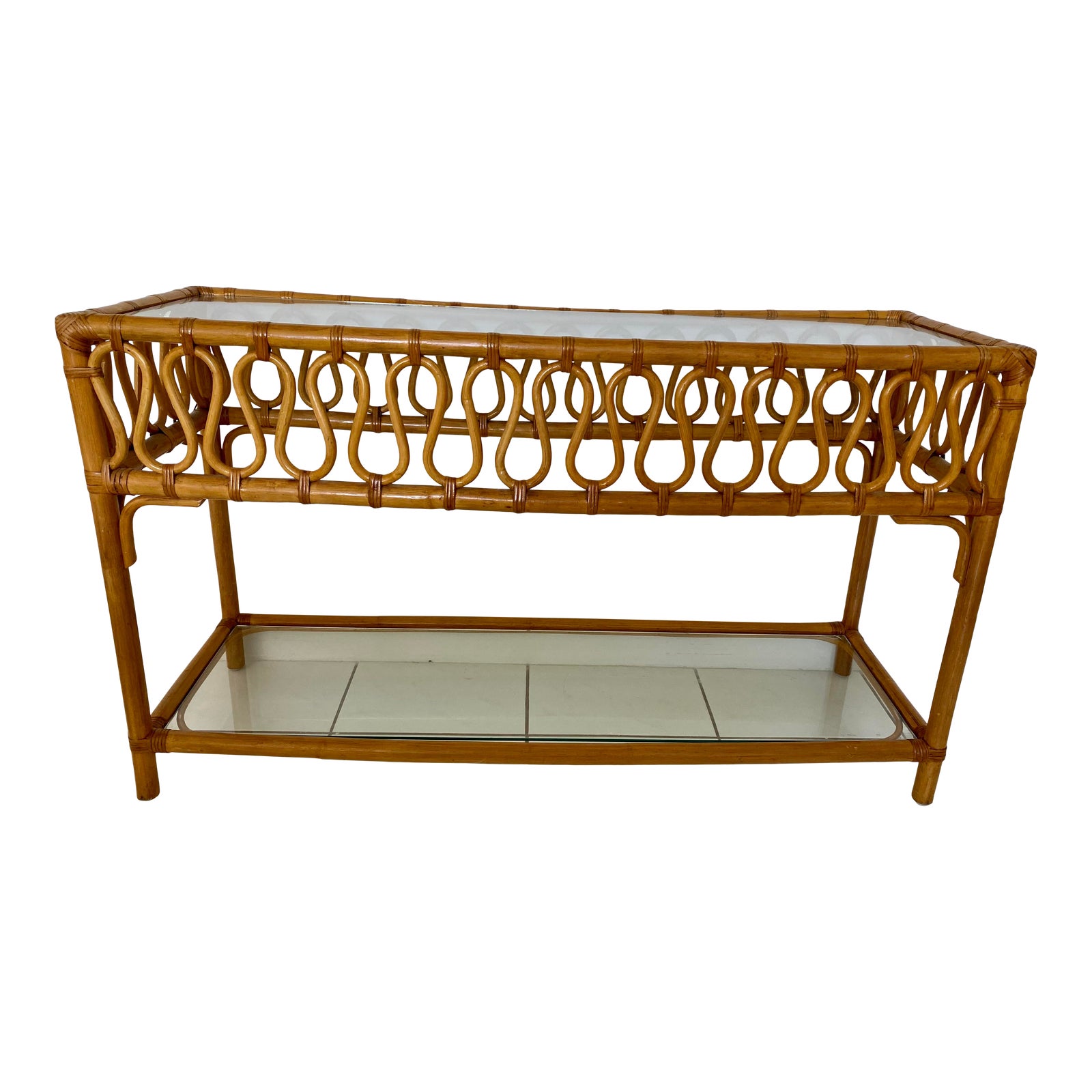 Vintage Bamboo Rattan Console Table With Glass Top Chairish