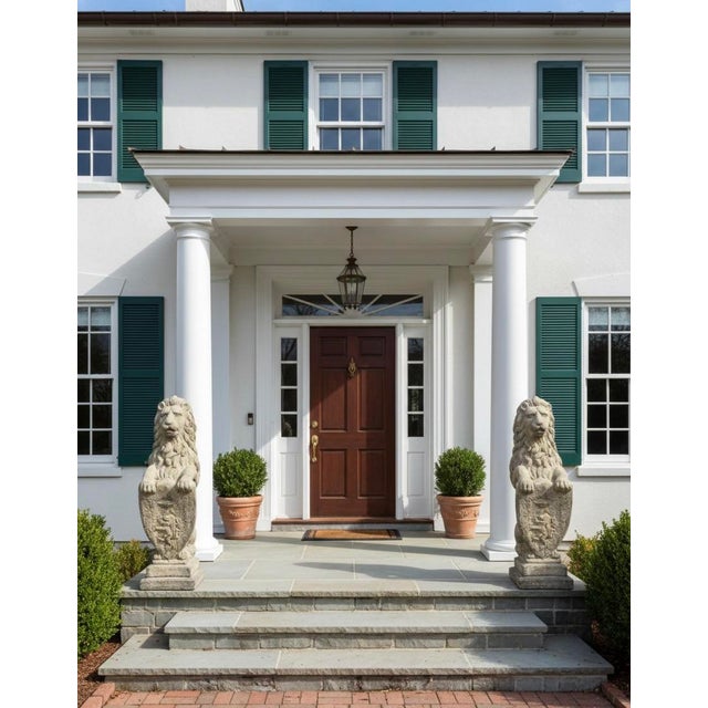 Stone 1990s Stately Pair of Cast Stone Seated Lion Statues With Heraldic Shields For Sale - Image 7 of 9