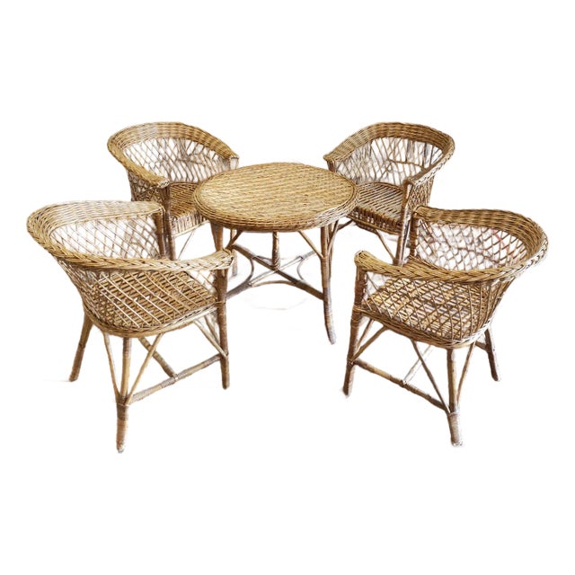 1960s Mid-Century Rattan Barrel Back Lounge Chairs & Wicker Coffee Table – Set of 5 For Sale