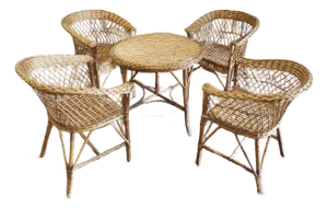 1960s Mid-Century Rattan Barrel Back Lounge Chairs & Wicker Coffee Table – Set of 5