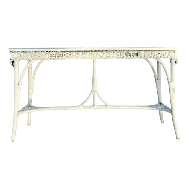 Antique Victorian Wicker Console Table, Seaglass Painted, C. 1900 For Sale