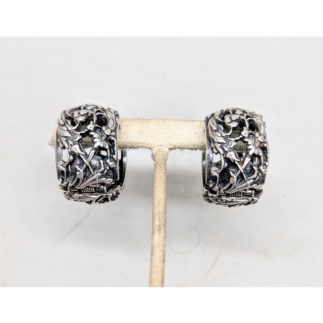 Mid-Century Modern Vintage 1970s Signed Napier Silvertone Openwork Foliate Design Hoop Clip Earrings-2 Pieces For Sale - Image 3 of 7