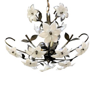 Vintage 1970s Original Murano Milk Glass Chandelier Led Basket Ceiling Light Fixture For Sale