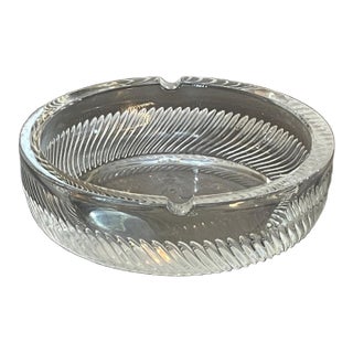 Vintage Mid-Century Modern Heavy Pressed Crystal Ashtray With Diagonal Ribbed Swirl Pattern, Marked by Mosser Glass (Usa) For Sale