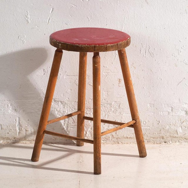 Vintage Wooden Stool with Round Seat, Central Europe, 1950 For Sale - Image 6 of 6