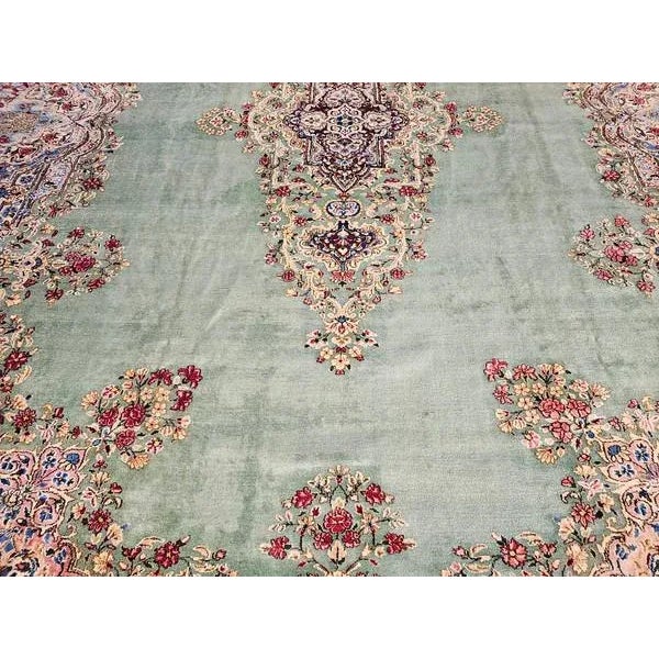 Vintage Oversize Persian Kerman in Floral Pattern in Pale Green, Red, Blue, Pink For Sale - Image 10 of 12