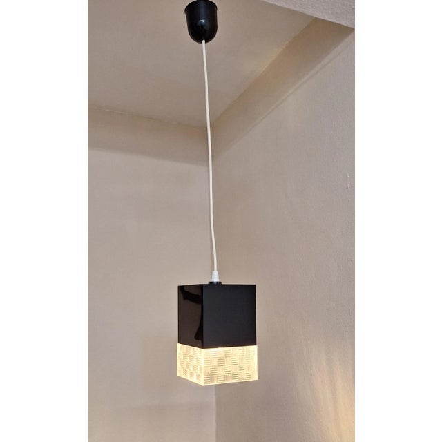 Plastic Vintage Ceiling Lamp with Square Black Opaque Plastic Shade with Transparent Patterned Acrylic , 1970s For Sale - Image 7 of 7