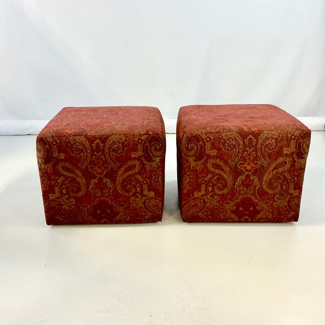 1980s Vintage Rustic European Italian Paisley Chenille Low Stools - A Pair. For Sale - Image 4 of 12