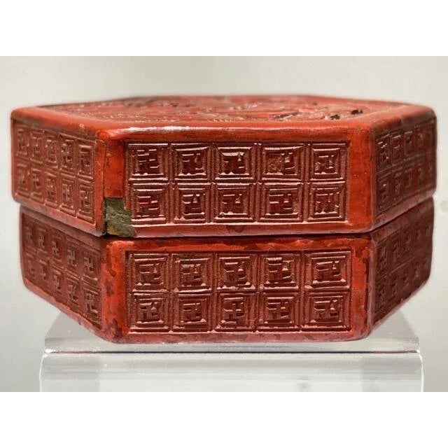 Antique Chinese Cinnabar Hexagon Box Carved With Figures For Sale - Image 4 of 13