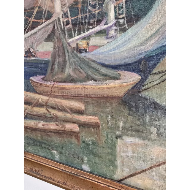 Nautical Antique Signed Painting Nautical Harbor Scene For Sale - Image 3 of 9