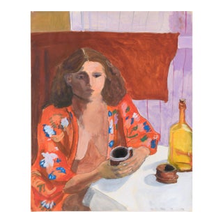 Slow Morning With Coffee - Model at a Table in Acrylic on Paper by Katherine Kallick For Sale