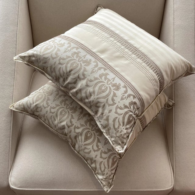 Contemporary 2000s Cream Damask Pattern Pillows - a Pair For Sale - Image 3 of 6