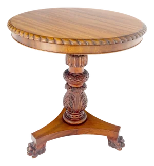 Brown Mahogany 24" Round Carved Rope Edge Tripod Base Claw Feed Lamp Side Table