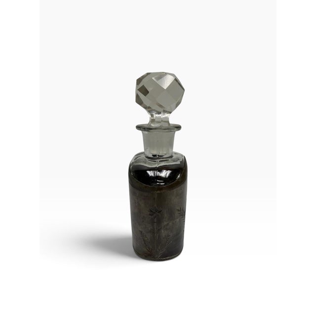 Antique Art Deco Sterling Silver Overlay Floral Glass Liquor Decanter For Sale - Image 4 of 6