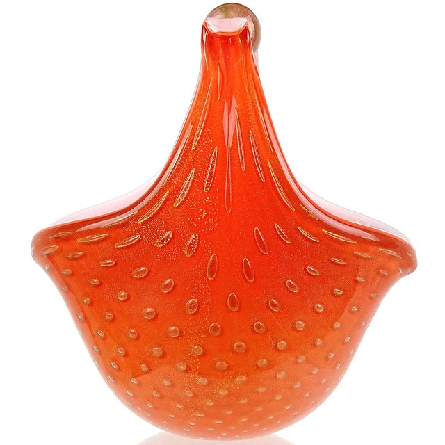 Murano Barbini Murano Vintage Persimmon Orange Gold Flecks Italian Art Glass Mid Century Flower Basket Vase For Sale - Image 4 of 7