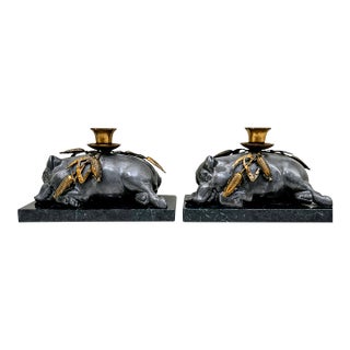 Vintage Petites Choses Pewter Sleeping Pig Candle Holders on Green Marble – Pair, Usa For Sale