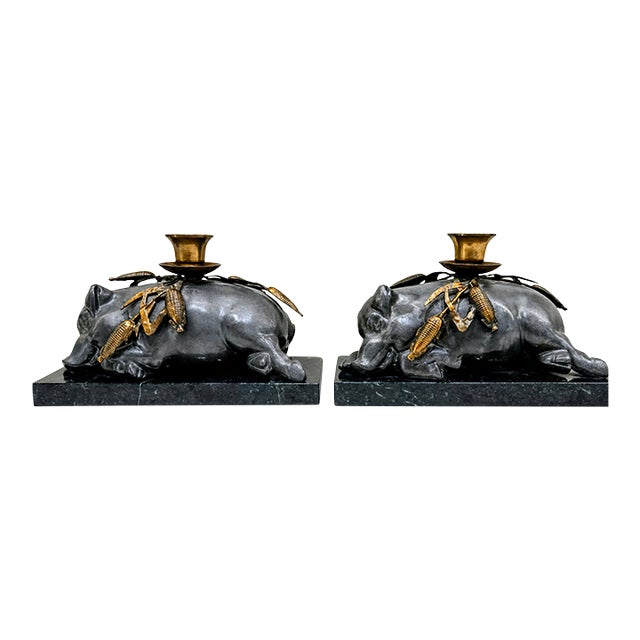 Vintage Petites Choses Pewter Sleeping Pig Candle Holders on Green Marble – Pair, Usa For Sale