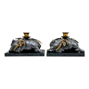 Vintage Petites Choses Pewter Sleeping Pig Candle Holders on Green Marble – Pair, Usa
