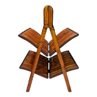 Vintage French Folding Magazine Rack, 2-Tier Bamboo & Rattan Wicker Holder, Boho Coastal Mid-Century Storage For Sale