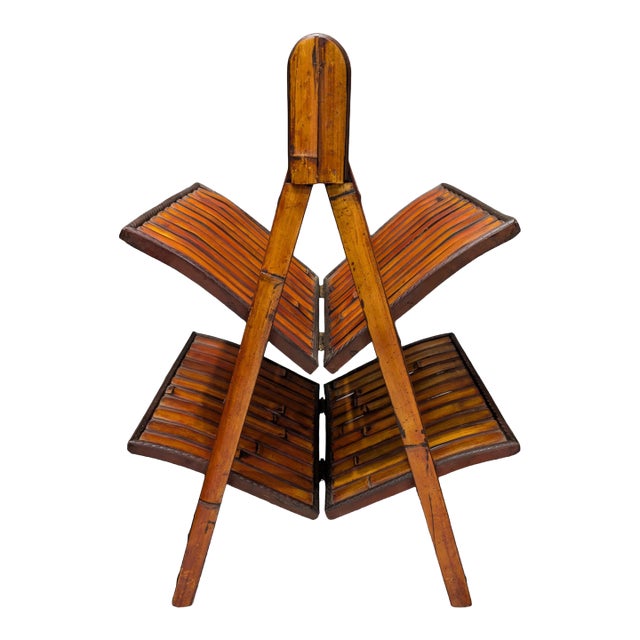 Vintage French Folding Magazine Rack, 2-Tier Bamboo & Rattan Wicker Holder, Boho Coastal Mid-Century Storage For Sale