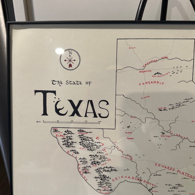 This Texas map features intricate, hand, illustrated details of Texas geography, including forest, rivers mountains in...