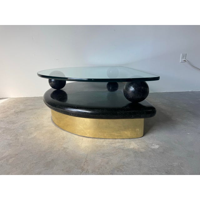 Brass 1980’s Postmodern Tessellated Stone and Brass Half-Moon Coffee Table With Glass Top/ Sold For Sale - Image 8 of 12