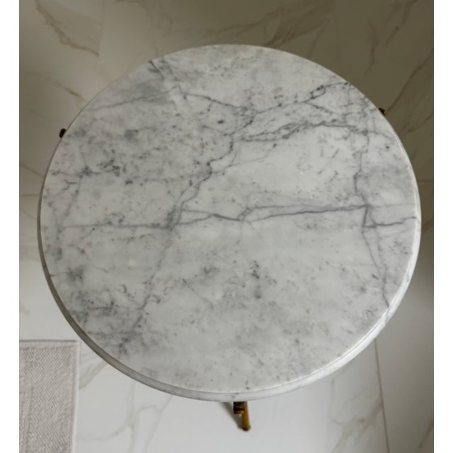 Vintage Gilt Faux Bamboo Tripod Base Gueridon Drinks Table / Side Table With Carrara Marble Top For Sale - Image 16 of 18