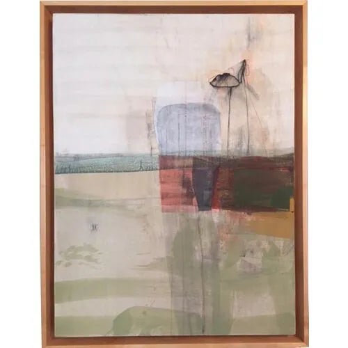 Vintage abstract Michael Barringer "Reoccurring Loci" mixed media painting. Signed Michael Barringer. Canvas Mounted in...
