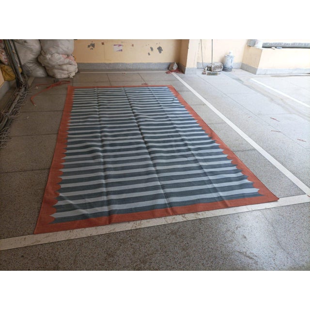Handmade Cotton Area Rug, Vegetable Dyed, Sky Blue, Gray and Terracotta Striped Dhurrie -8'x12' For Sale - Image 10 of 13