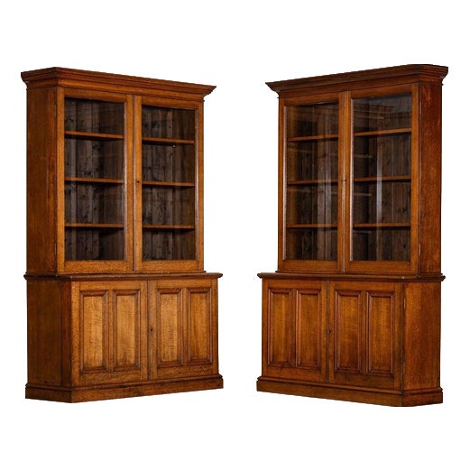 Large Antique English Oak Glazed Bookcase Cabinet, 1880 For Sale
