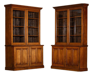 Large Antique English Oak Glazed Bookcase Cabinet, 1880
