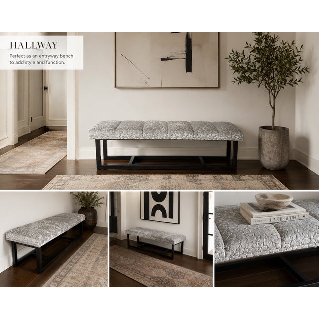 Bespoke Cut Velvet Gray Ottoman Bench With Architectural Metal Base For Sale In Chicago - Image 6 of 6