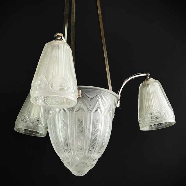 Art Deco Chandelier Hanging Lamp attributed to Maynadier, 1930s For Sale - Image 4 of 11