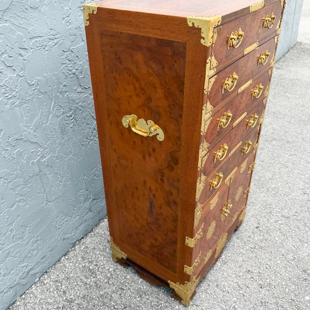 Wood Vintage Chinese Brass and Burlwood Lingerie Armoire For Sale - Image 7 of 10