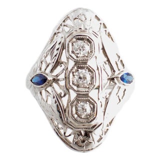 Mid 20th Century Filigree 3 Diamond and Synthetic Sapphire 18k White Gold Domed Ring, Size 6 For Sale