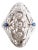 Mid 20th Century Filigree 3 Diamond and Synthetic Sapphire 18k White Gold Domed Ring, Size 6 For Sale