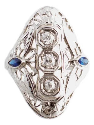 Mid 20th Century Filigree 3 Diamond and Synthetic Sapphire 18k White Gold Domed Ring, Size 6