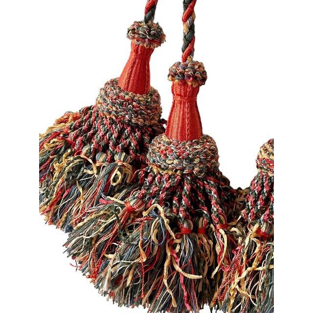 Textile Vintage French Passementerie Tassel Drapery Tieback Orange and Green For Sale - Image 7 of 9