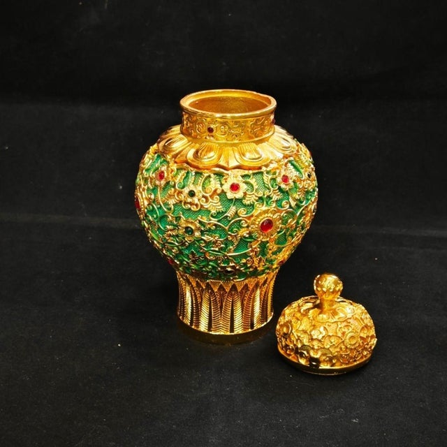 Ornate Gilt Ginger Jar, Green Enamel & Jewel Inlay Lidded Vessel, Chinoiserie Tabletop Decor For Sale - Image 9 of 9