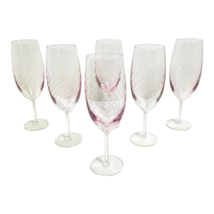 1980s Hand Blown Stephen Smyers Signed Pink Swirl Glass Champagne Flutes—Set of 6